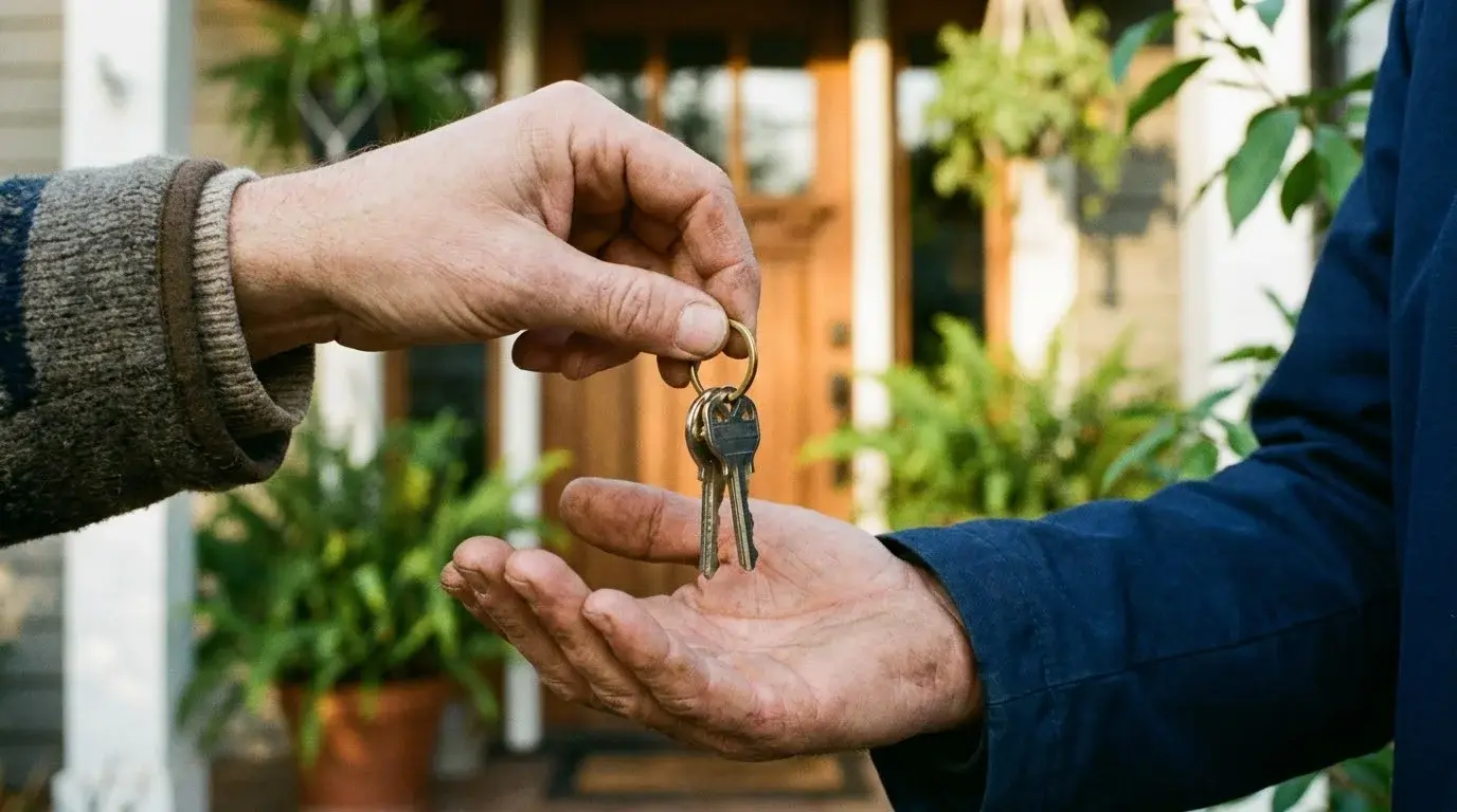One person places a set of house keys into another person’s open hand.